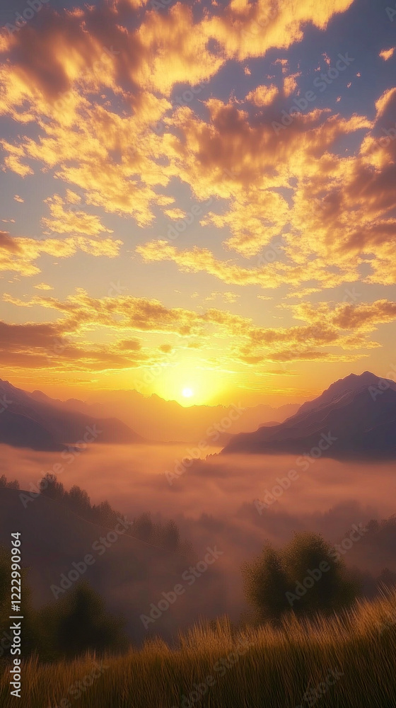 Serene Mountain Landscape at Sunrise with Misty Pine Forest Serene Mountain Landscape at Sunrise with Misty Pine Forest