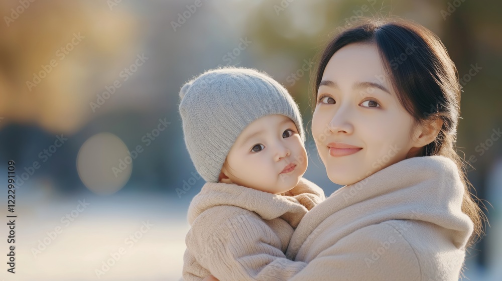 Obraz premium Mother holding her baby in a warm embrace during a sunny autumn afternoon in a park.