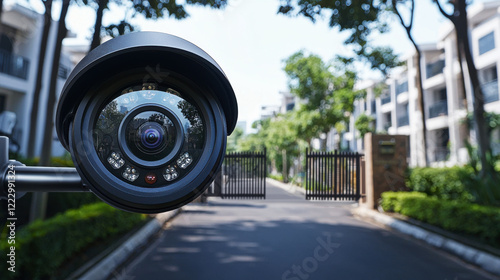 Surveillance camera monitors entry gate of residential complex for enhanced security and activity oversight