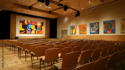 Modern art gallery lecture hall, empty seats, colorful paintings
