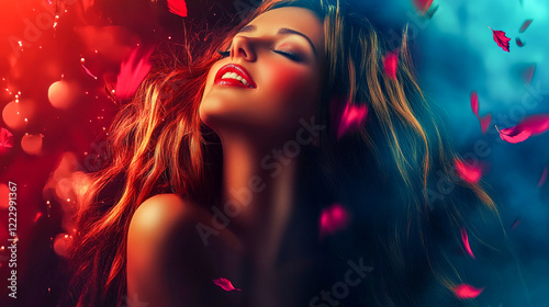 Artistic Portrait of a Woman with Vibrant Lighting and Falling Petals