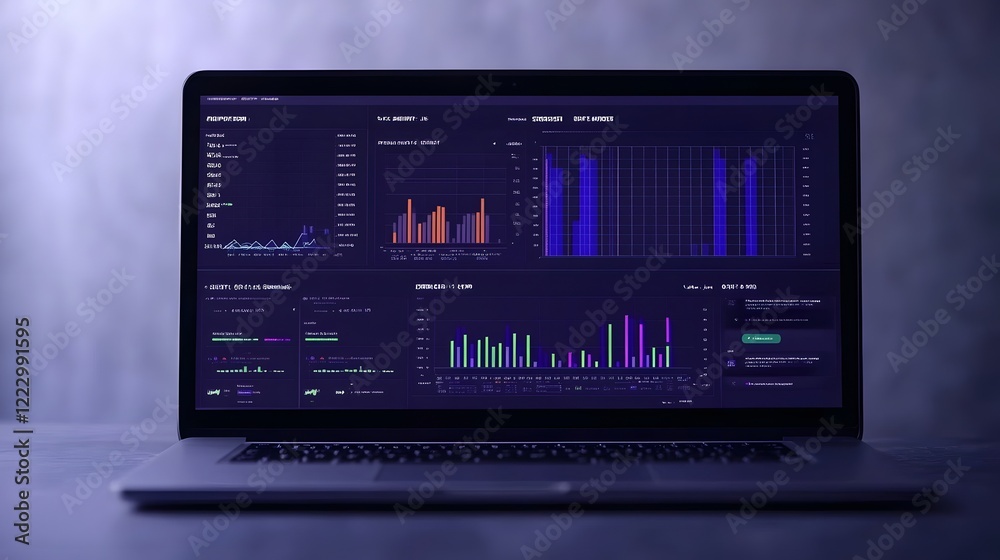 Comprehensive Performance Dashboard on Laptop with Dynamic Charts and Graphs in Professional Blue Comprehensive Performance Dashboard on Laptop with Dynamic Charts and Graphs in Professional Blue