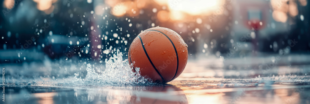 Wet Basketball on Court at Sunset: Dynamic Action Shot Wet Basketball on Court at Sunset: Dynamic Action Shot
