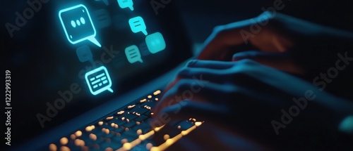 Laptop, hands typing on keyboard with messaging icons glowing on screen, representing digital communication, online chat, and modern technology interaction. photo