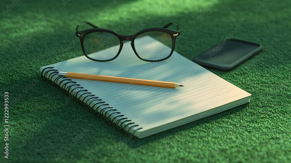 notebook with phone glasses and pencil on a green ground design concept