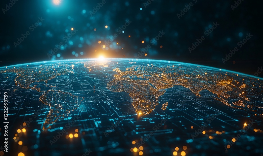 A visually striking map of the world with radiant nodes and a soft golden sunrise, symbolizing the seamless integration of technology and global connectivity.