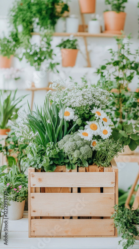 Wooden Crate of Blooming Daisies and Fresh Vegetables in a Greenhouse Setting