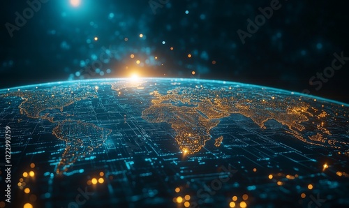 Obraz na płótnie A visually striking map of the world with radiant nodes and a soft golden sunrise, symbolizing the seamless integration of technology and global connectivity. w salonie