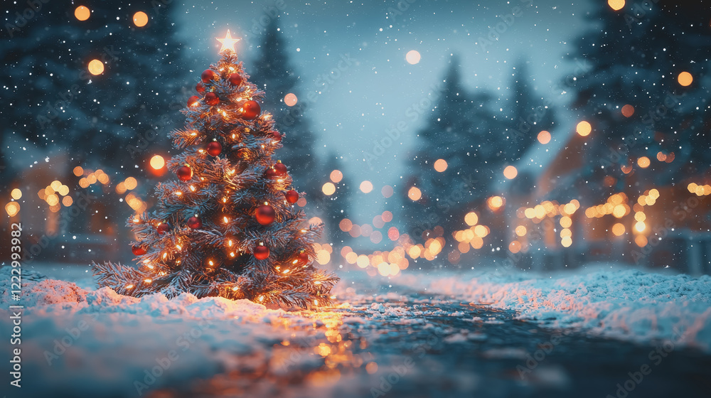 Naklejka premium Small christmas tree illuminated in snowy landscape with frosty ground and winter atmosphere captured at night