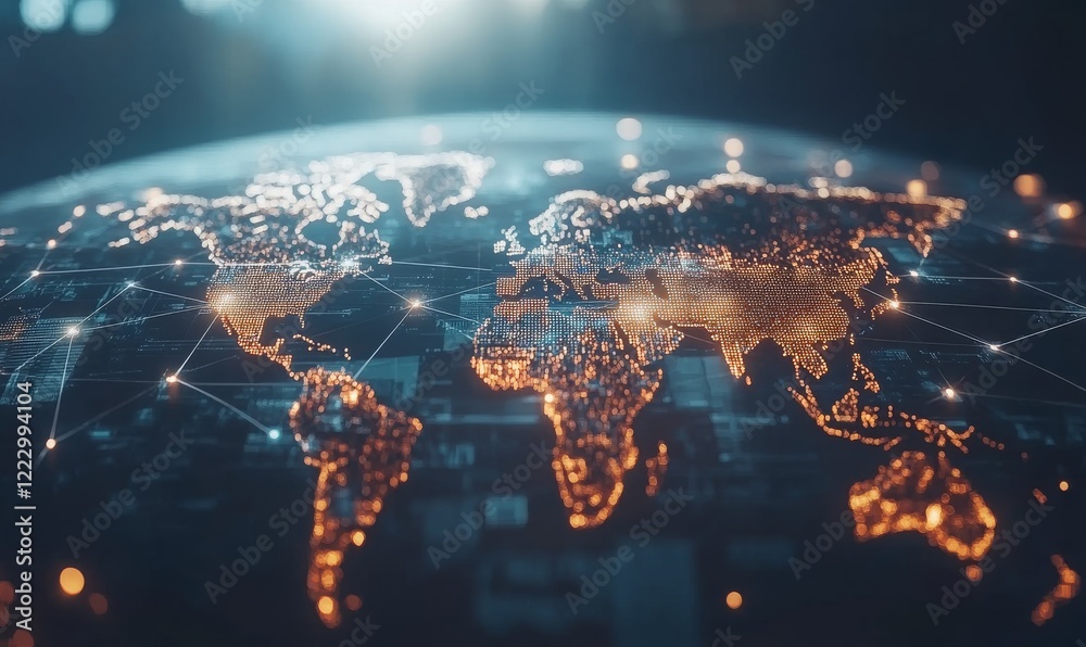 A modern, blue and orange-themed digital map of the world, glowing with interconnected circuits and emphasizing the synergy of global technology systems.