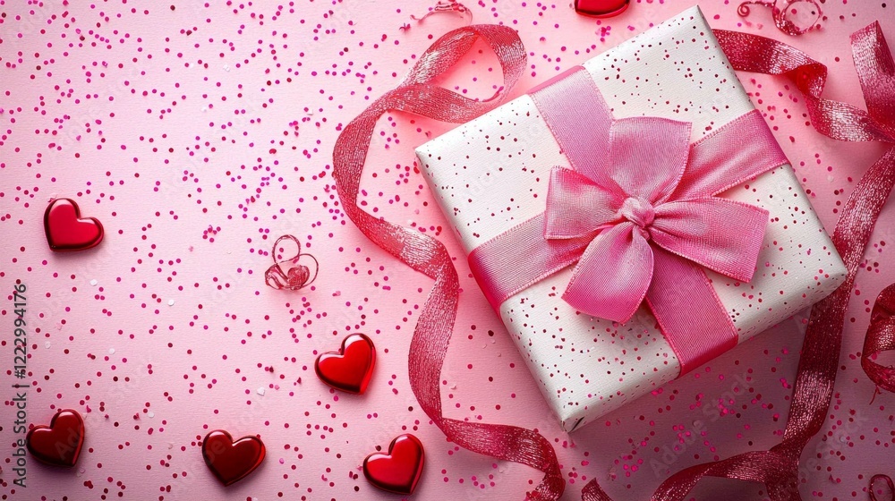 A beautifully wrapped gift is central to a charming arrangement adorned with red hearts, vibrant ribbons, and sparkling confetti, creating a joyful atmosphere for Valentine's Day festivities A beautifully wrapped gift is central to a charming arrangement adorned with red hearts, vibrant ribbons, and sparkling confetti, creating a joyful atmosphere for Valentine's Day festivities