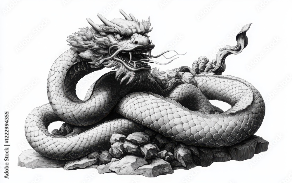 Obraz premium A monochrome vector illustration of a mythical creature statue with a serpent-like body and the head of a dragon, drawn in vintage wood engraving style using pen and ink