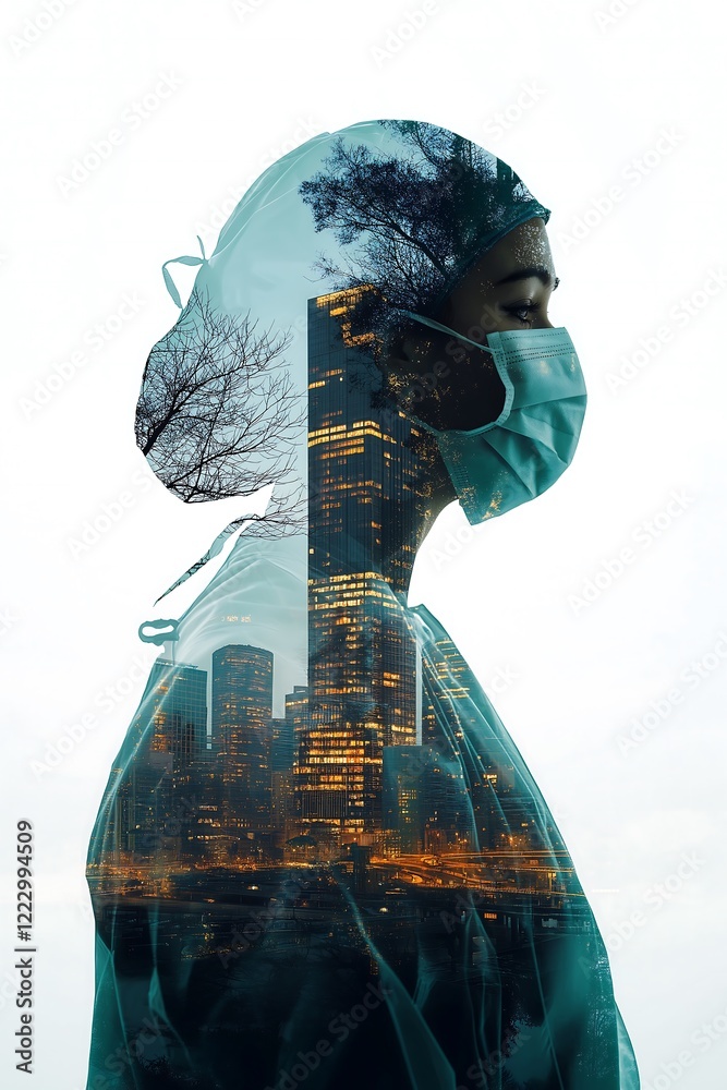 Double Exposure of a Silhouetted Healthcare Worker Wearing a Medical Mask, Blended with an Urban Skyline in a Symbolic Representation of the Pandemic Double Exposure of a Silhouetted Healthcare Worker Wearing a Medical Mask, Blended with an Urban Skyline in a Symbolic Representation of the Pandemic