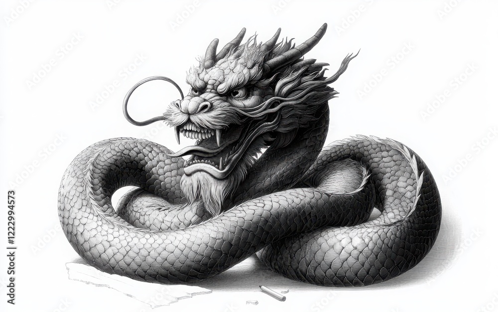 Obraz premium A monochrome vector illustration of a mythical creature statue with a serpent-like body and the head of a dragon, drawn in vintage wood engraving style using pen and ink