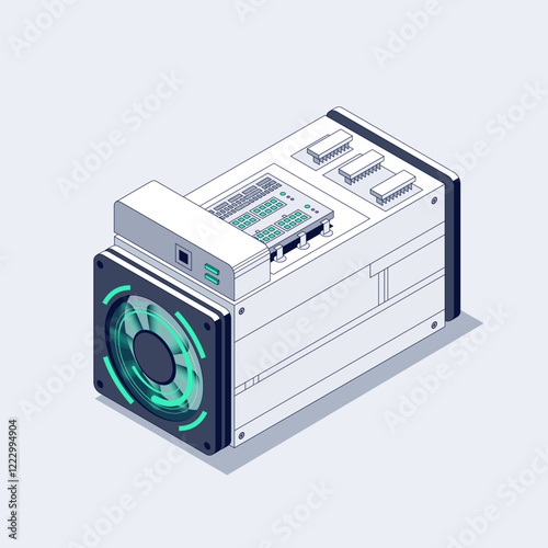 ASIC Mining Isometric illustration. Bitcoin Miner. Cryptocurrency mining equipment and hardware. Blockchain Mining farm concept