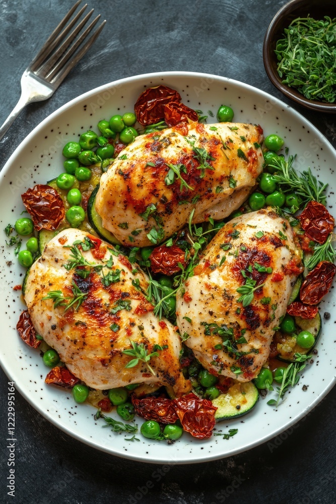 Chicken and Peas on White Plate