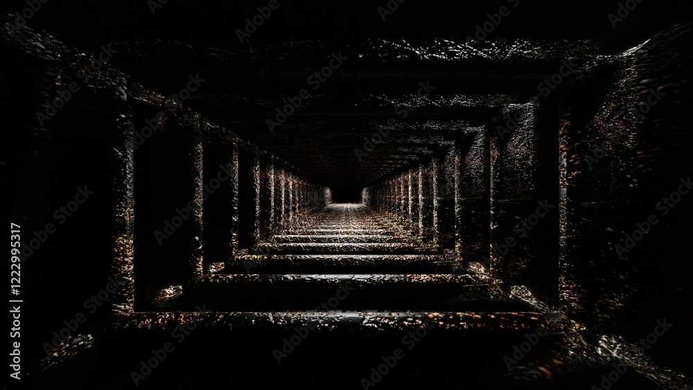 endless forward movement inside abstract rectangular dark tunnel with rusty metal texture. 3d render looped animation