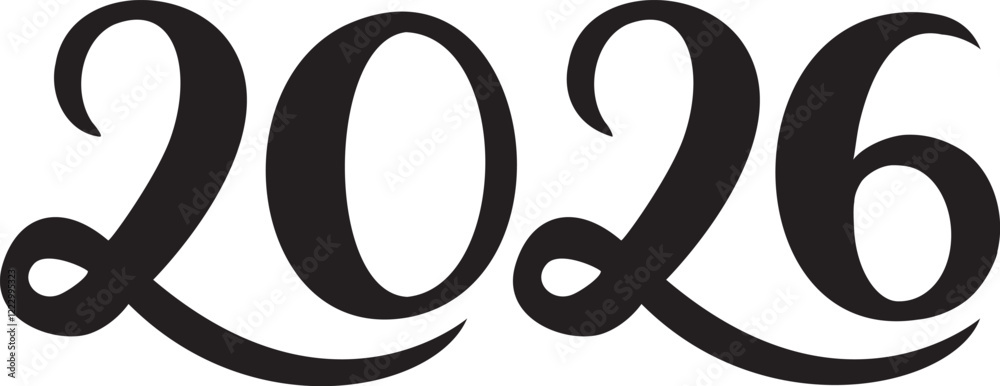 2026 Black hand drawn silhouette number for New Year or calendar. Vector illustration.