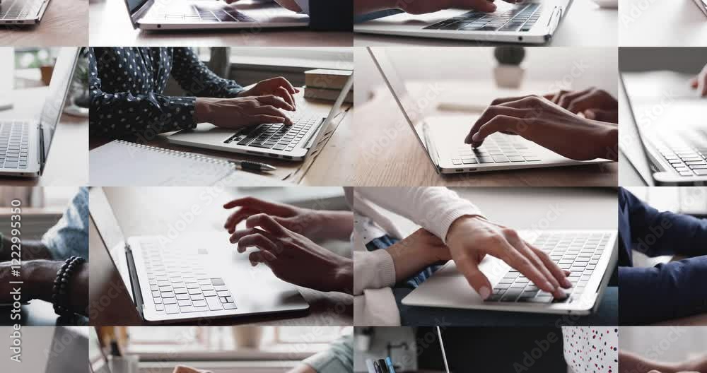 Cropped close up collage view unrecognizable diverse people using laptops sit at desk at home or office. Modern digital tools for work, business and communications, global connectivity, remote work