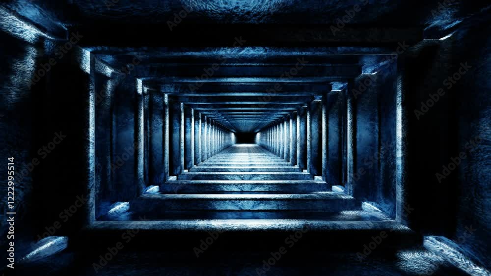 endless forward movement inside abstract rectangular dark tunnel with blue frost texture. 3d render looped animation