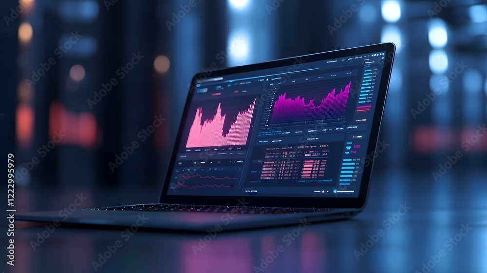 Illuminated Analytics Interface on Laptop with Modern Blue Background Illuminated Analytics Interface on Laptop with Modern Blue Background