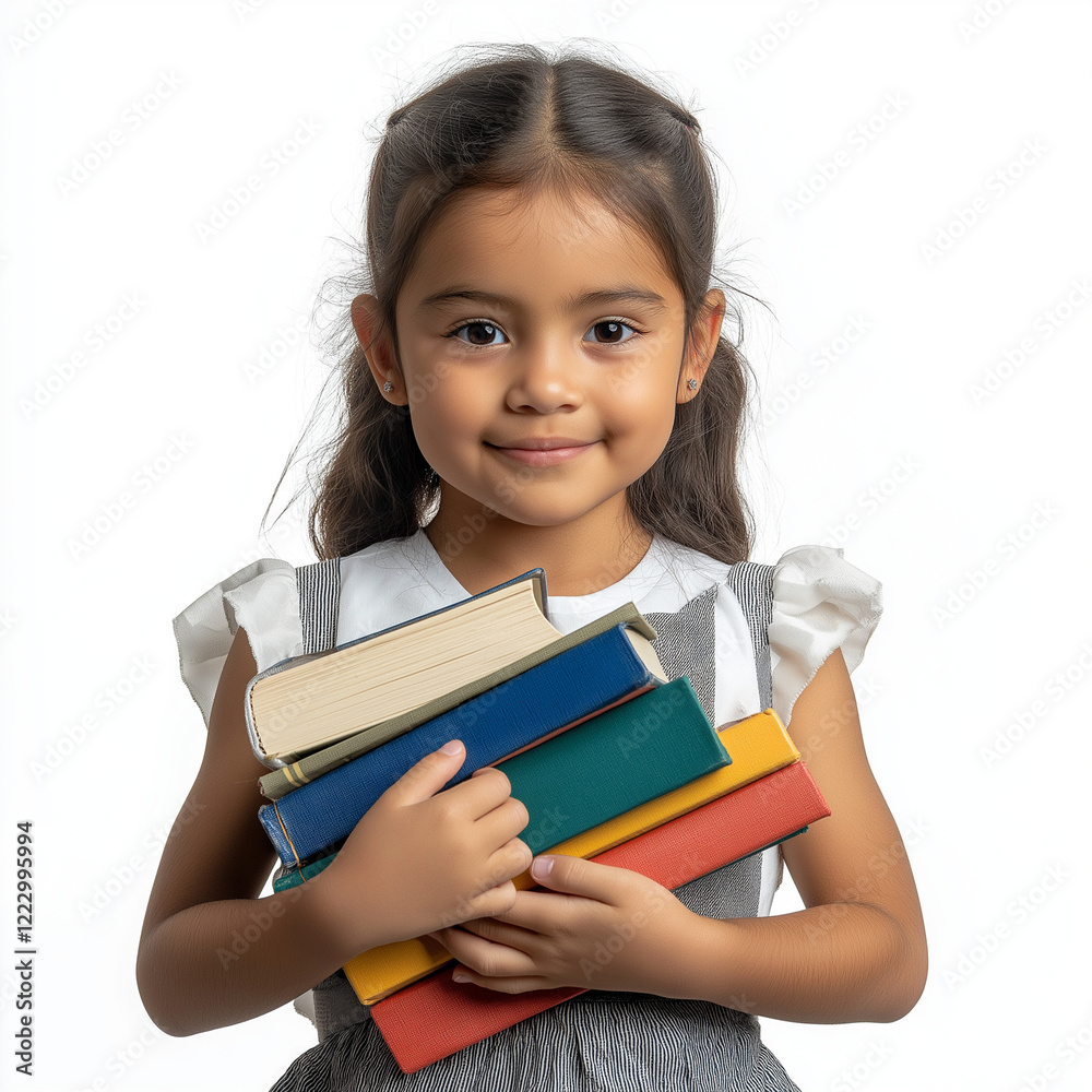 A smiling Hispanic girl holds colorful books with a backpack, isolated on a white background A smiling Hispanic girl holds colorful books with a backpack, isolated on a white background