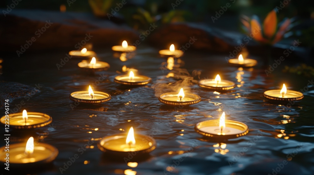 Floating Candles in a Tranquil Water Setting at Night Floating Candles in a Tranquil Water Setting at Night