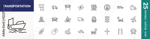 outline transportation icons set. editable linear shift, stability, galleon, and other 22 icons in this category isolated on transparent background.