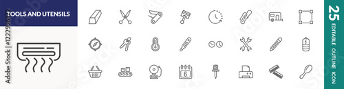 outline tools and utensils icons set. editable linear metal, penknife, time left, and other 22 icons in this category isolated on transparent background.