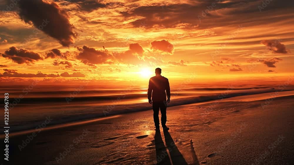 Silhouetted figure walking along the beach at sunset, with vibrant sky and ocean waves Silhouetted figure walking along the beach at sunset, with vibrant sky and ocean waves