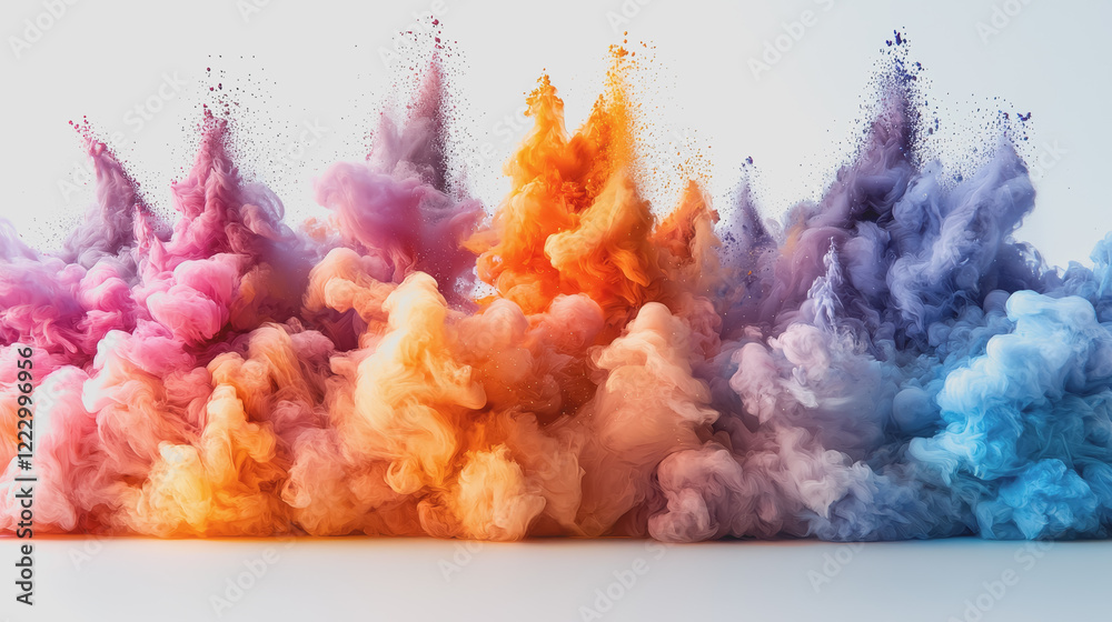 Fototapeta premium Colorful smoke swirling on a white background creating an abstract pattern in vibrant hues of red blue green and yellow for artistic and design purposes