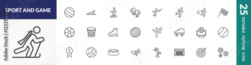 outline sport and game icons set. editable linear exercise ball, boy with skatingboard, medieval fencing, and other 22 icons in this category isolated on transparent background.