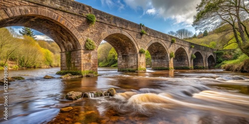 Muddy East Dart River flowing beneath ancient stone arches at Bellever Bridge, west country photo