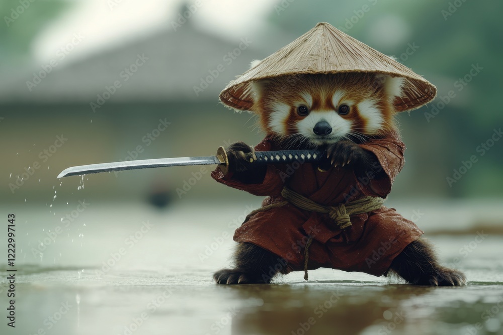 Red panda samurai in traditional costume with katana