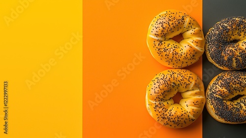 Four poppy seed bagels arranged on vibrant orange and black background delicious and aesthetically pleasing photo