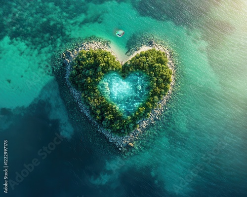 A stunning aerial view of a heart-shaped island surrounded by shimmering turquoise waters, holographic overlays adding a magical digital touch