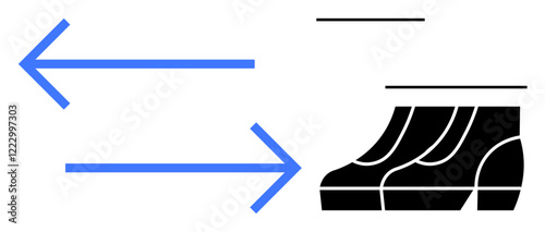Two blue arrows pointing left and right towards a pair of black shoes with horizontal lines above them. Ideal for direction, guidance, movement, travel, decision making, navigation, abstract line