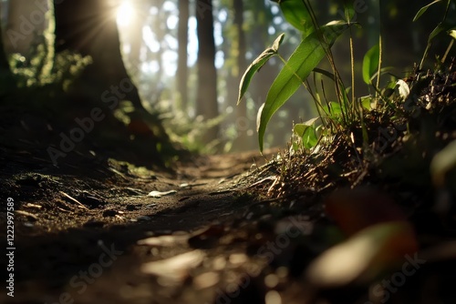 Wallpaper Mural Sunlit Forest Path, tranquil trail surrounded by lush trees, golden light filtering through leaves, inviting depth and serenity in nature. Torontodigital.ca