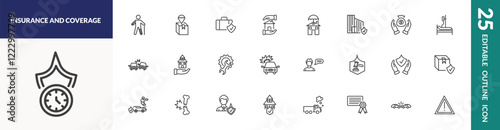 outline insurance and coverage icons set. editable linear wounded, luggage insurance, real estate insurance, and other 22 icons in this category isolated on transparent background.