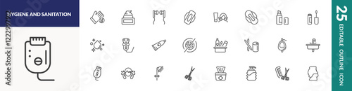 outline hygiene and sanitation icons set. editable linear drying hands, ear buds, scrub up, and other 22 icons in this category isolated on transparent background.