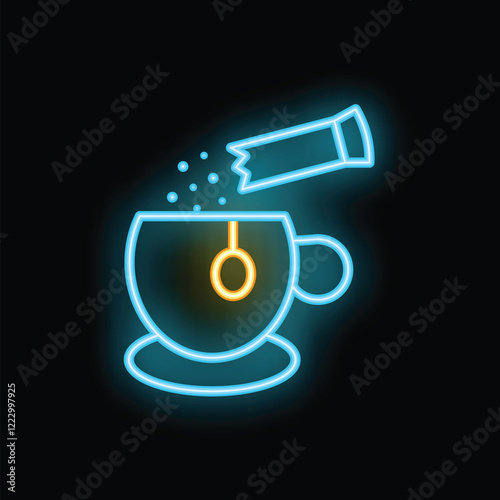 Neon sign of someone pouring sugar into a cup of coffee or tea on a black background