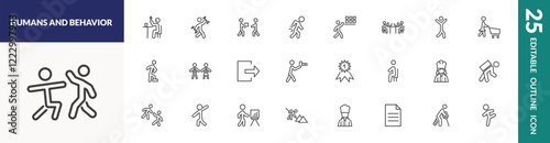 outline humans and behavior icons set. editable linear feeding, give over, storekeeper, and other 22 icons in this category isolated on transparent background.