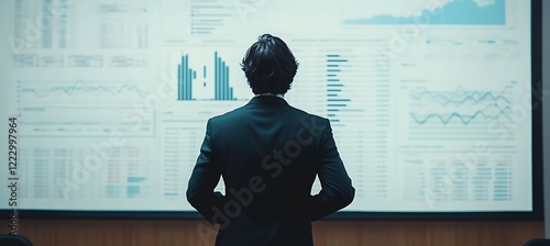 A financial analyst presenting BI data on a digital board, with an empty space for text