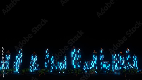 endless forward movement along the city with skyscrapers on a black background. looped animation 3d render side view