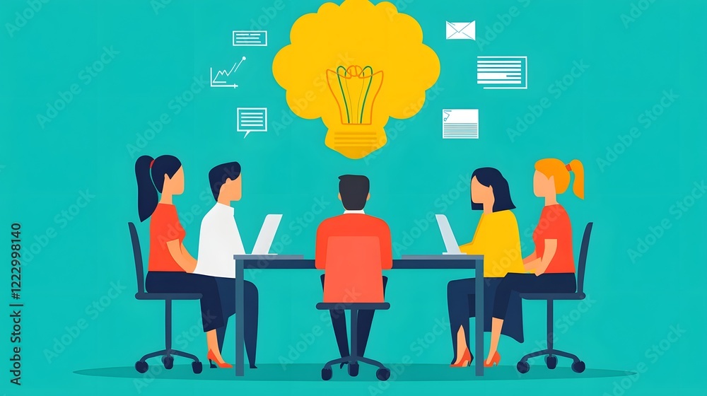 Diverse Team Brainstorming in Modern Office Workspace,Flat Design Diverse Team Brainstorming in Modern Office Workspace,Flat Design