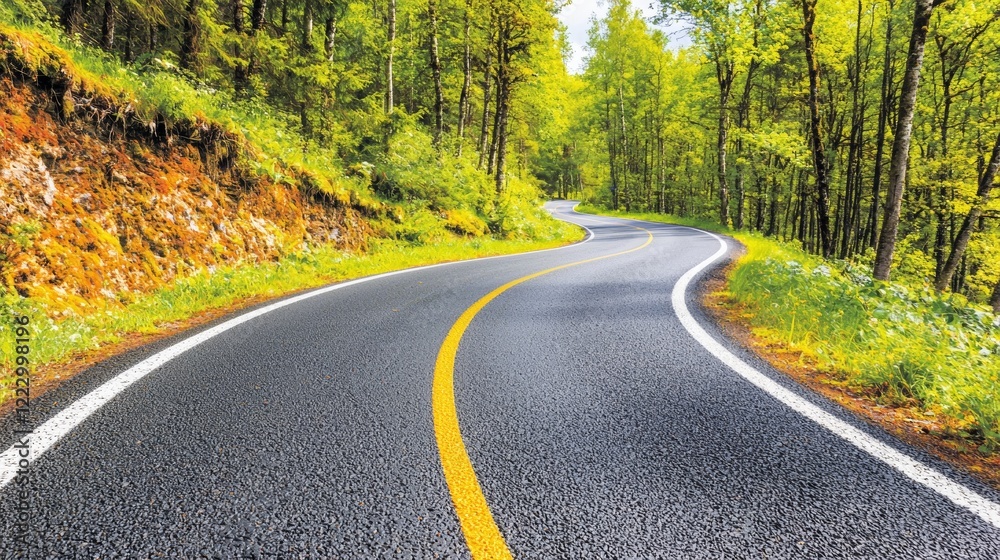 Fototapeta premium On a beautiful sunny spring day, a winding road meanders through a lush green forest, beckoning travelers to immerse themselves in the splendor of nature and enjoy a picturesque drive surrounded by vi