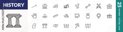 outline history icons set. editable linear pillars, museum, digger, and other 22 icons in this category isolated on transparent background.