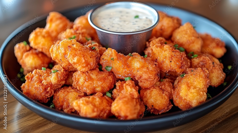 A plate of crispy fried food served with a dipping sauce. A plate of crispy fried food served with a dipping sauce.