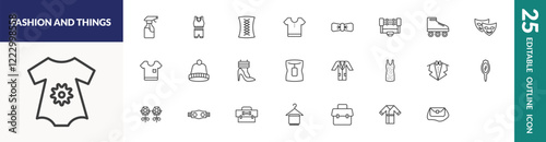 outline fashion and things icons set. editable linear spray bottle, cord lace, accessory, and other 22 icons in this category isolated on transparent background.