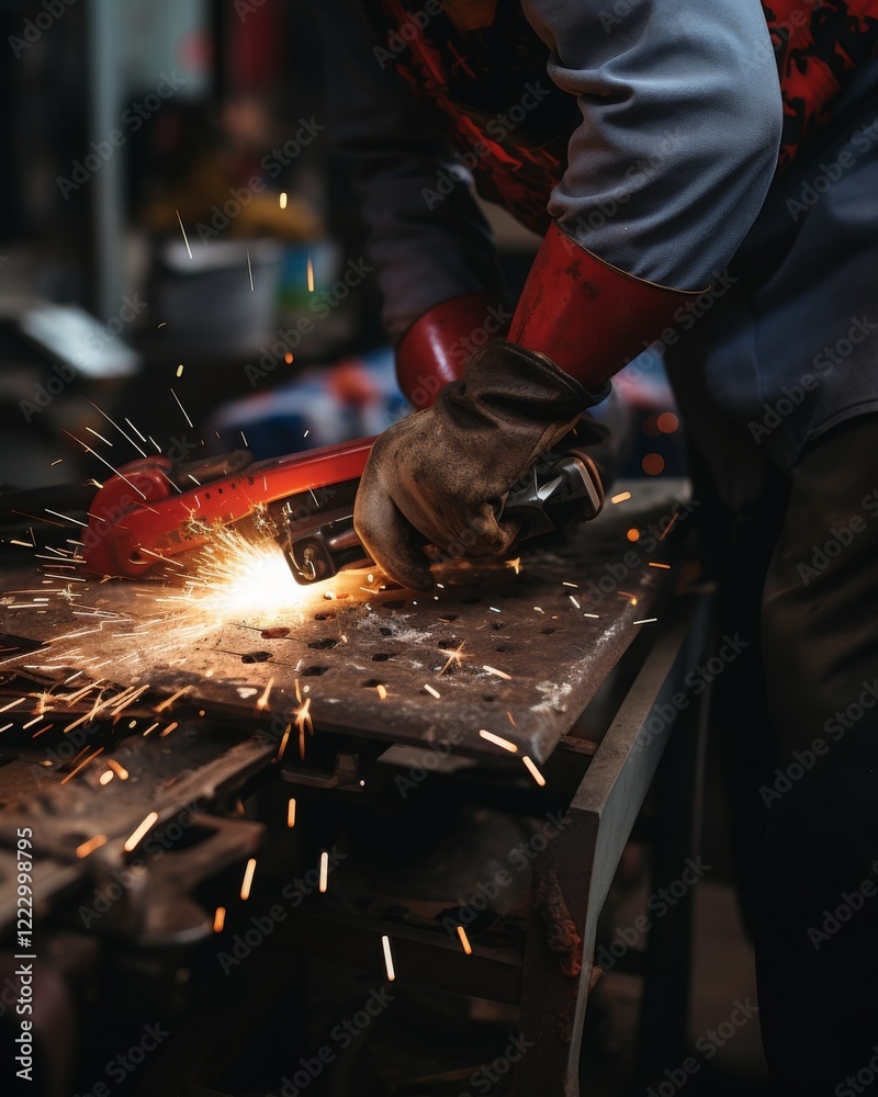 Close-up of a worker using an angle grinder on metal, producing bright flying sparks in a workshop setting. Industrial labor concept.